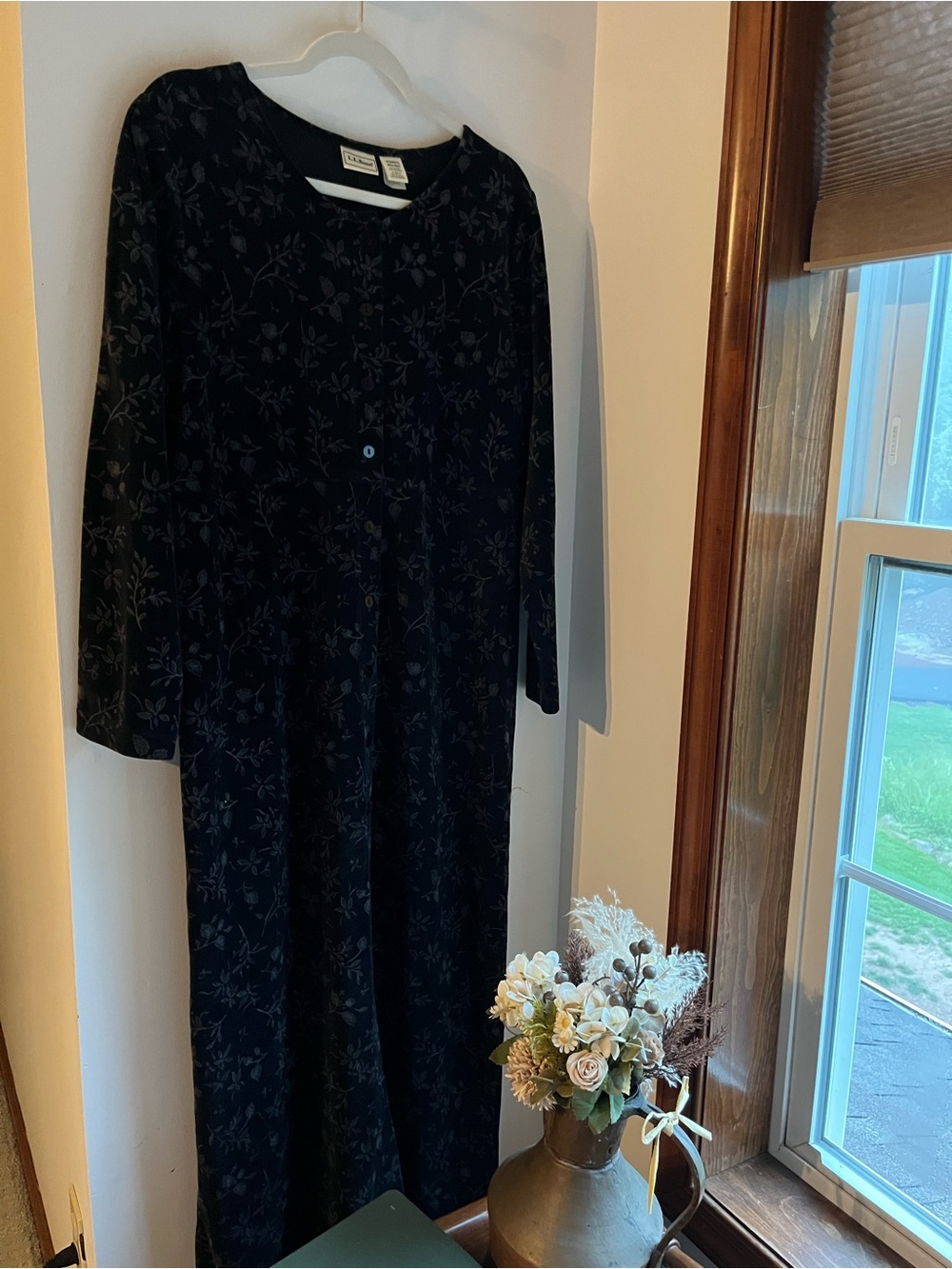LL Bean Black Floral Corduroy-like Maxi Dress | Button Front | Cottagecore
